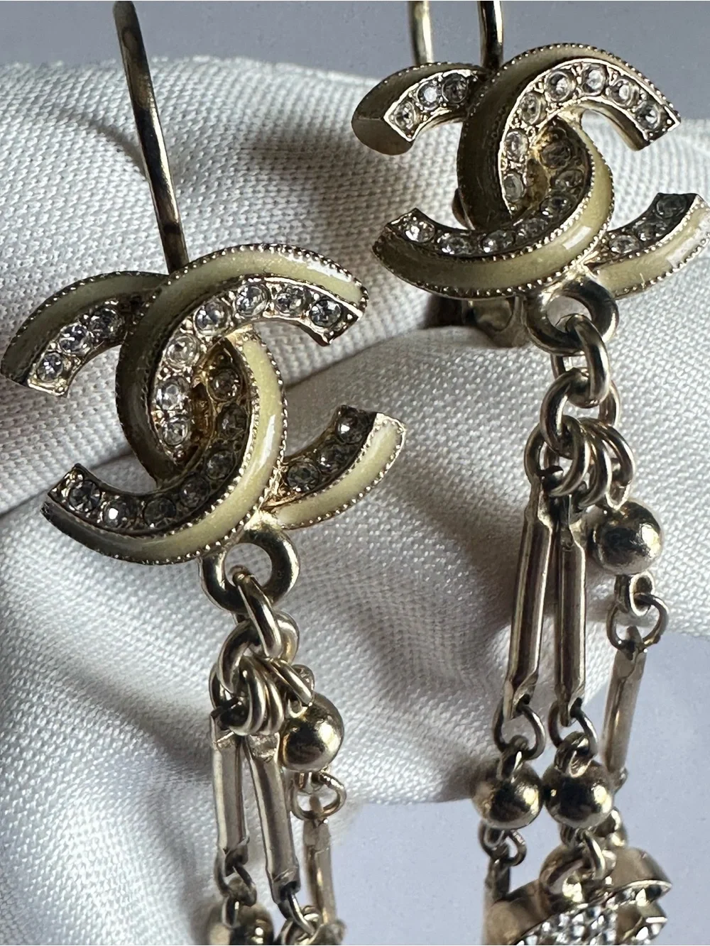 CHANEL 11C Enamel Crystal CC Pearl Chandelier Drop Earrings Rare